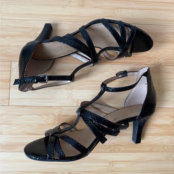 AEROSOLES PASSIONFRUIT SANDALS BLACK SNAKESKIN PATENT HEELS SIZE 9 - Picture 3 of 9